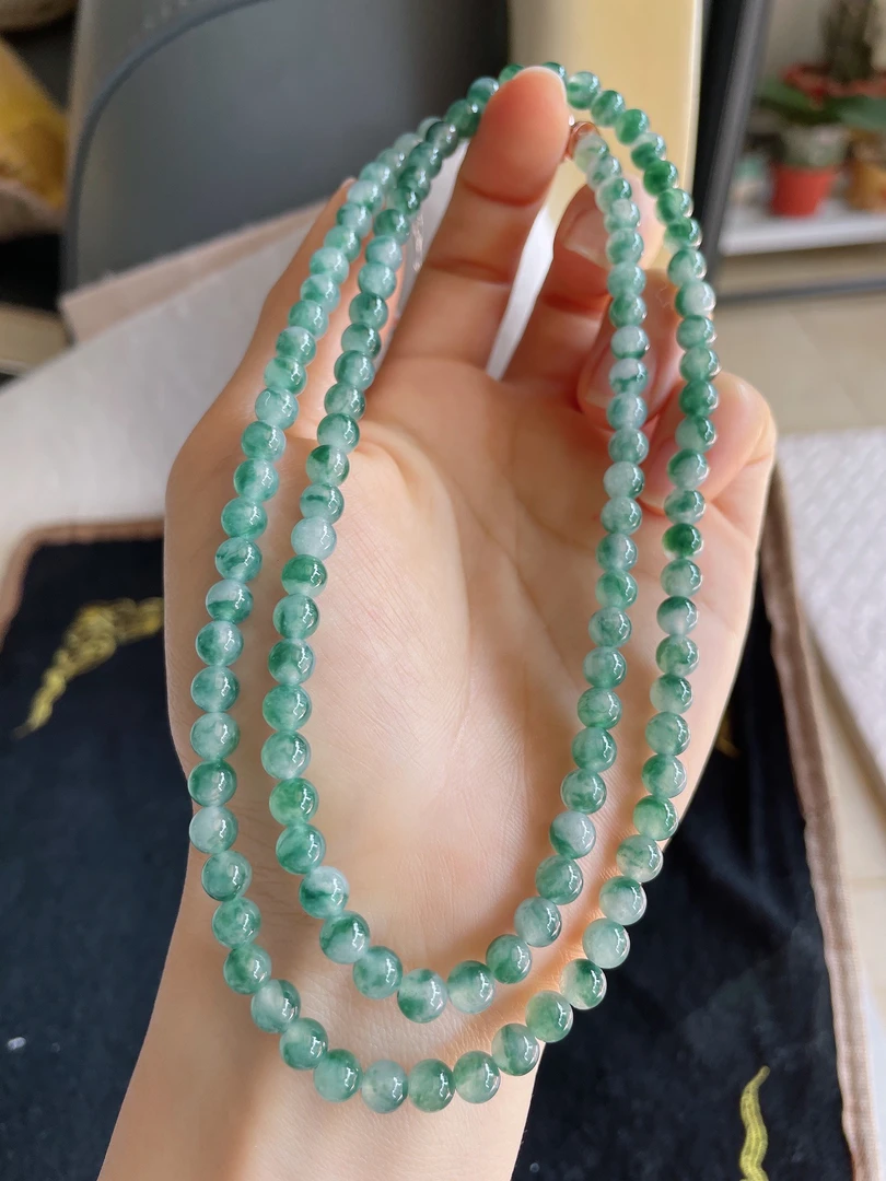 天然翡翠A货冰种飘花飘绿灵动圆珠项链珠链卡5.5mm118颗-2728珠子