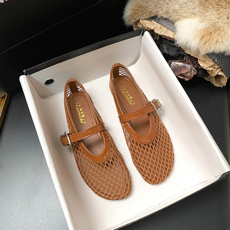 平底镂空夏季新款凉鞋女渔网鞋鞋网面鞋2025玛丽珍单鞋芭蕾舞鞋女