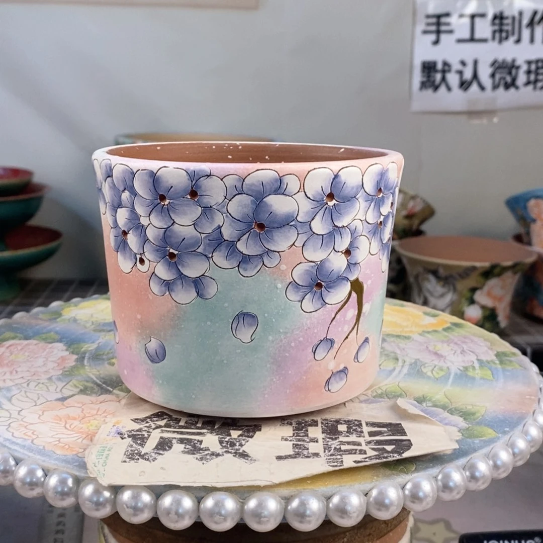 紫砂花盆红陶手绘花盆