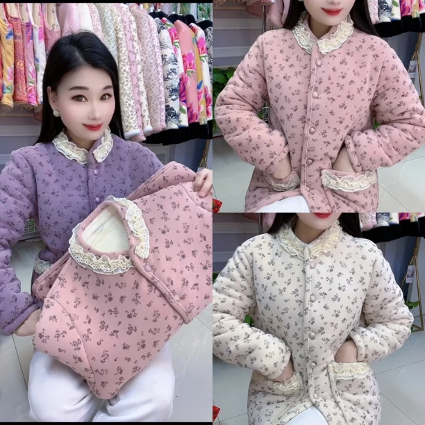 冬季新款正版加绒加厚棉服外套女花边领减龄韩系碎花棉袄