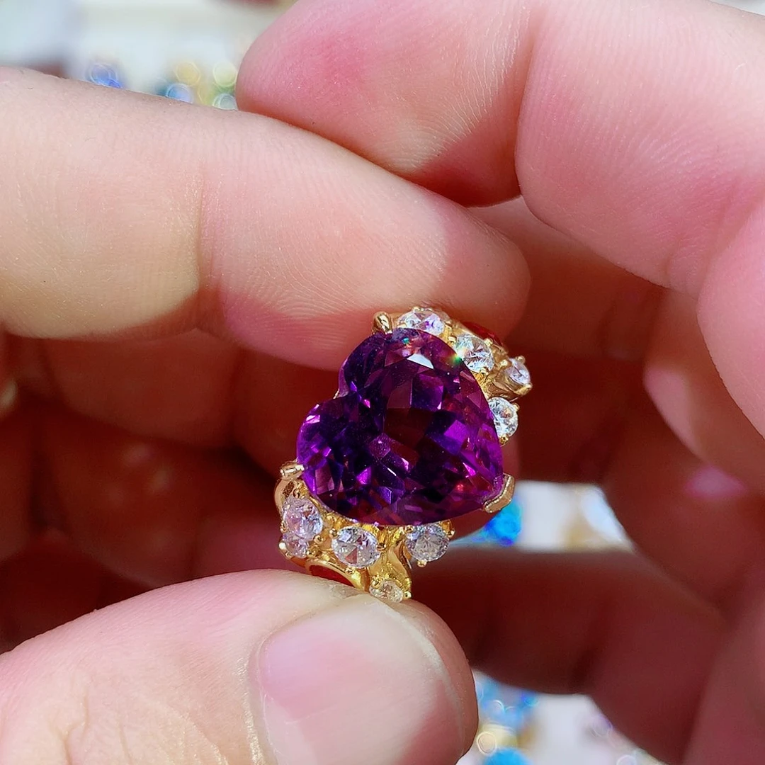 水晶戒指银S925镀金镶嵌