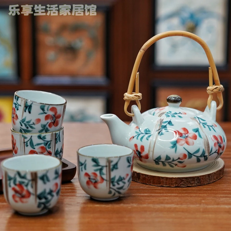 手绘简约高温陶瓷五件套装一壶四杯秋实茶道茶具茶壶茶杯家用客厅