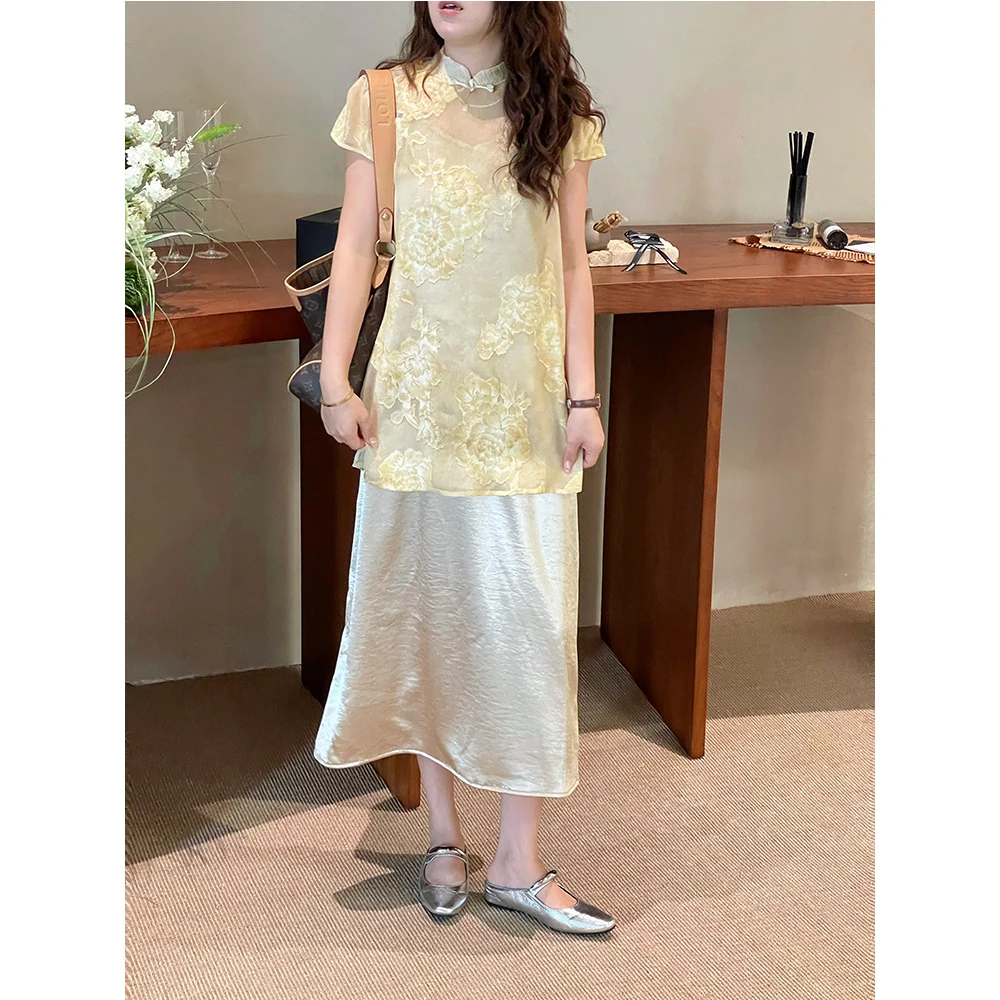 WenWen小个子新中式国风盘扣刺绣花旗袍上衣连衣裙两件套套装4019