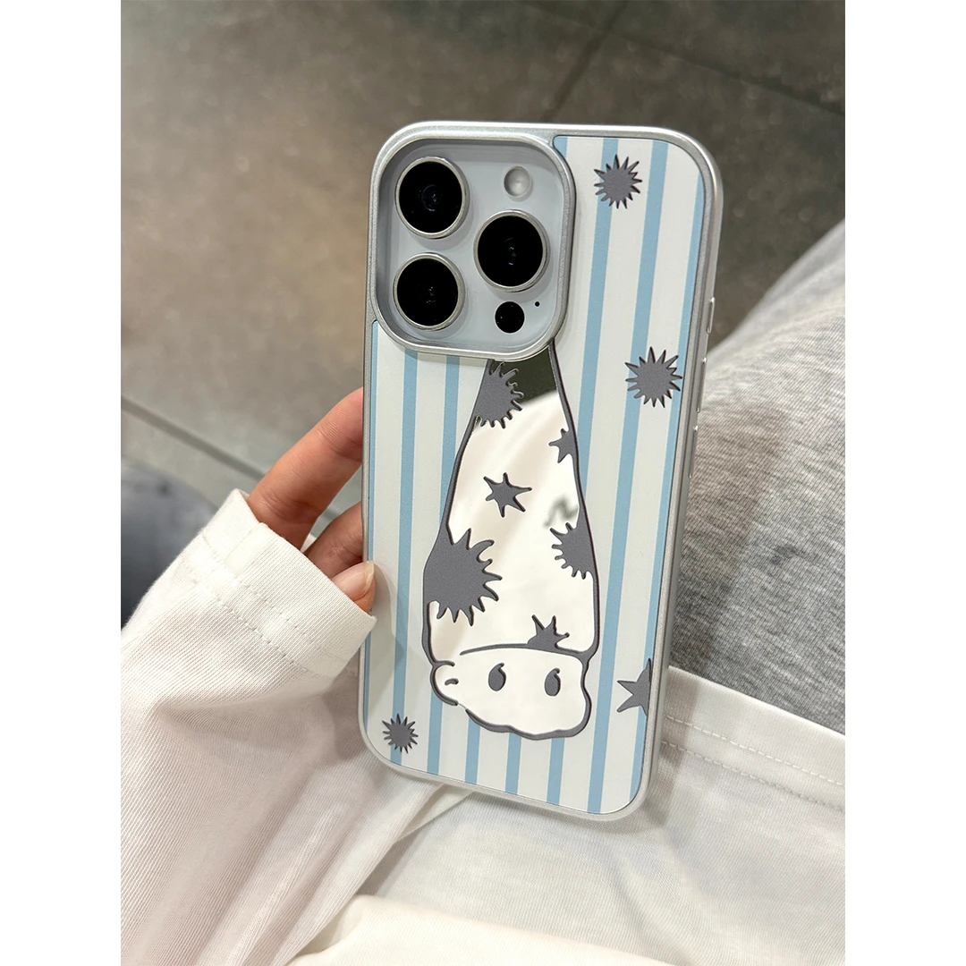 适用苹果16手机壳iPhone15/14promax银边清新蓝格纹镜面保护壳