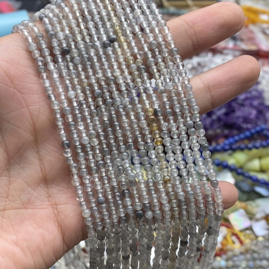 玛瑙/玉髓未镶嵌珠宝半成品一条天然3mm透体灰水晶圆珠