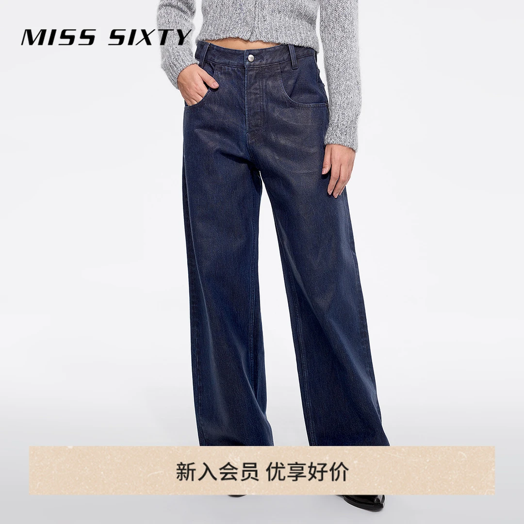 Miss Sixty冬季新款抓毛牛仔裤女复古做旧感涂层低腰直筒裤