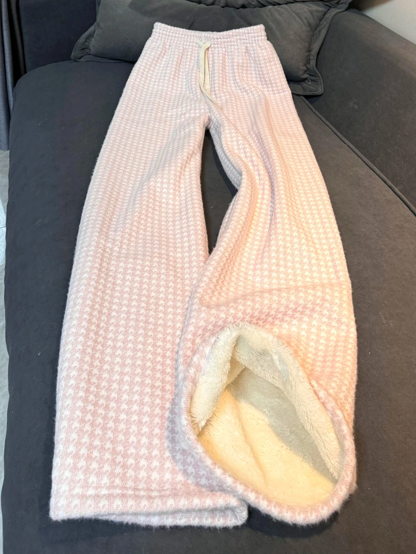 羊羔绒干鸟格阔腿裤女秋冬2025新款慵懒休闲加绒棉裤休闲格子卫裤