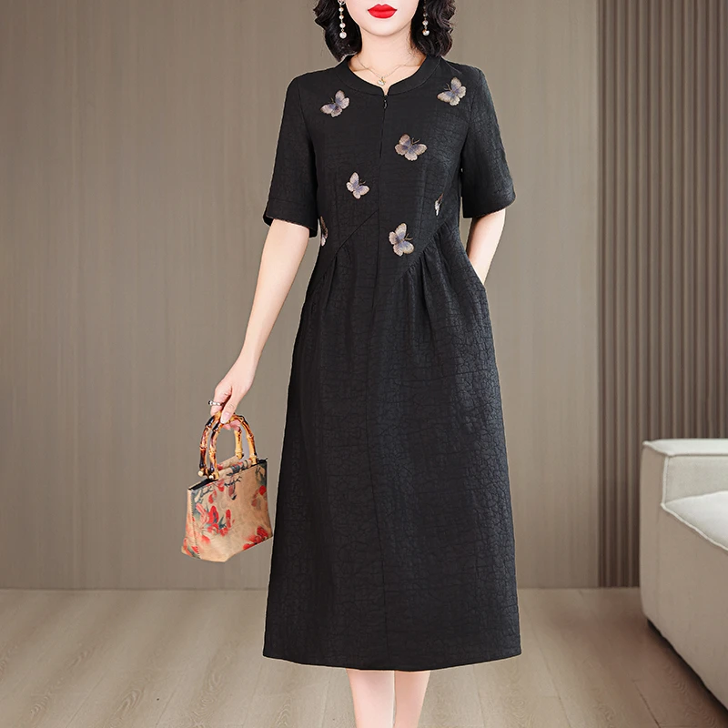 2025夏季新款香云纱100桑蚕丝重磅刺绣气质精致龟纹连衣裙大码