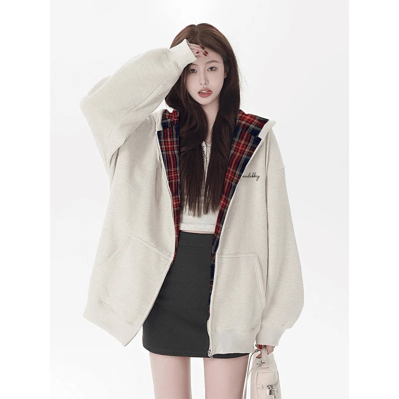 labzaa美式设计感印花格子拼接卫衣外套男秋冬季宽松连帽开衫上衣