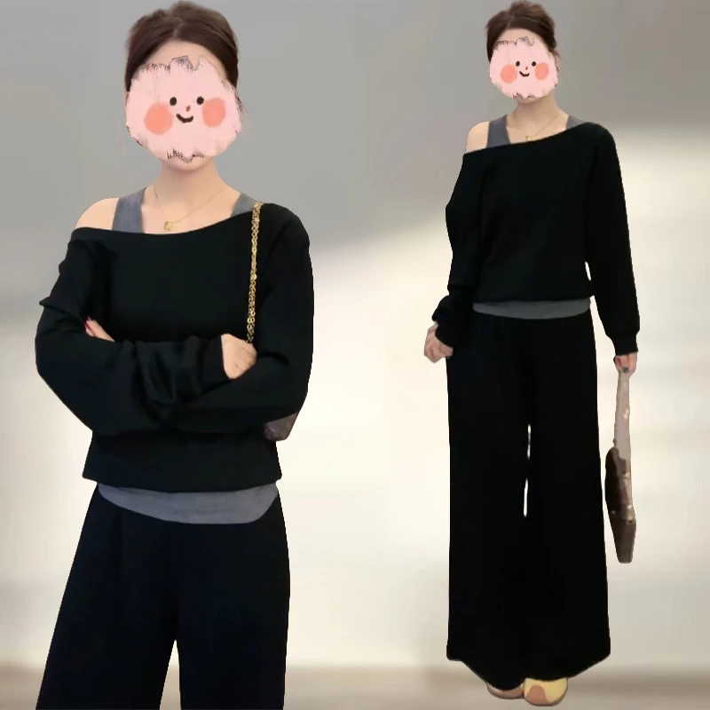 韩系减龄时尚休闲风套装早秋新款斜肩假两件上衣高腰阔腿裤两件套