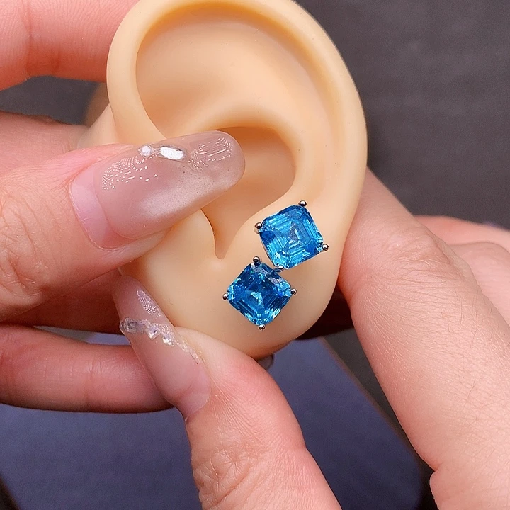 海蓝宝石耳钉银S925镶嵌