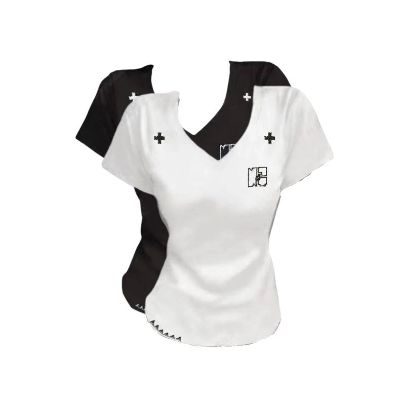 美式辣妹V领短袖T恤女夏季新款刺绣设计感修身显瘦百搭打底衫上衣