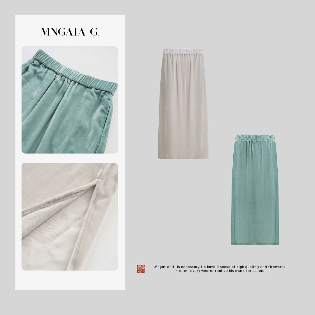 MNGATA G.宫小妍【薄荷裙】真丝丝绒夏日新中式百搭半裙4X040591