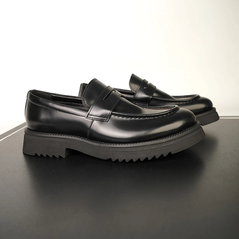 男士亮面真皮牛皮商务休闲皮鞋时尚年轻通勤乐福鞋男增高厚底