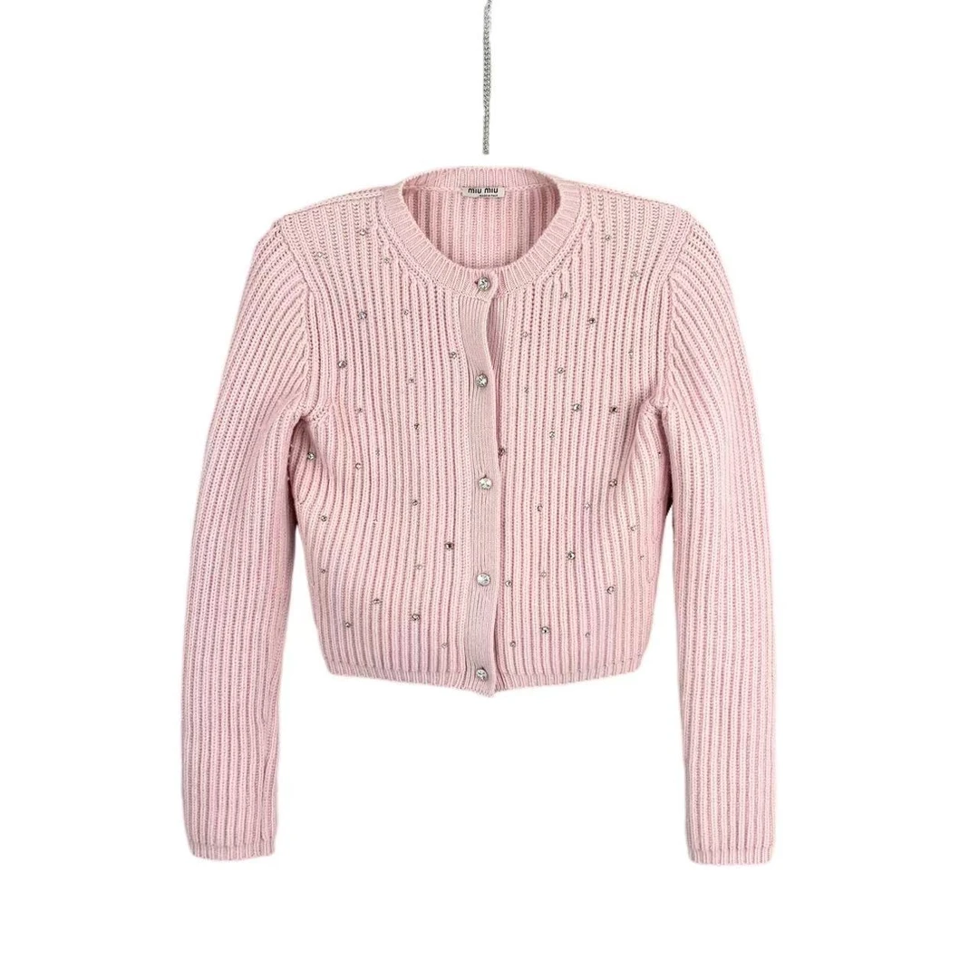 99新 MIU MIU/缪缪 qq382 山羊绒 粉色水钻针织开衫 38码