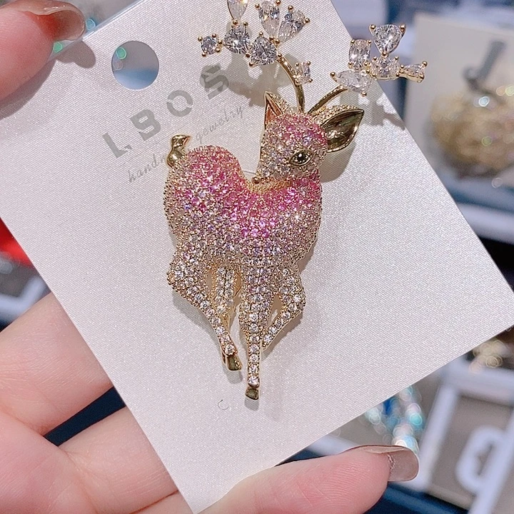 锆石铜合金渐变粉小鹿胸针