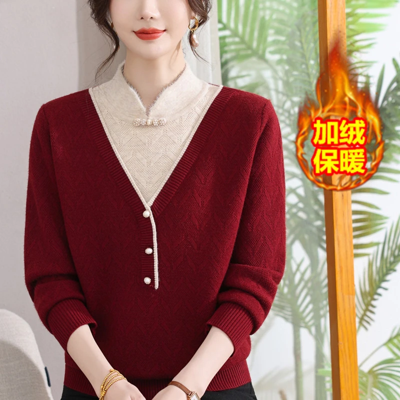妈妈秋冬装保暖加厚毛衣旗袍领2025新款中老年一体绒上衣女打底衫