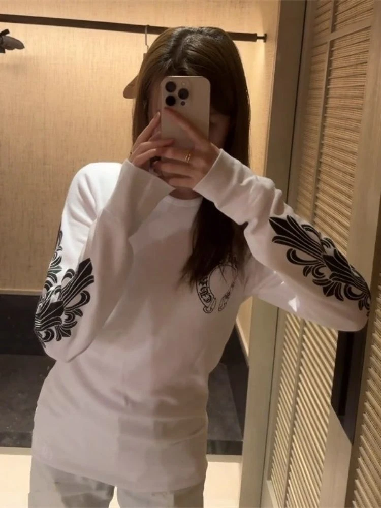 美式复古辣妹梵文印花长袖T恤女秋季新款修身气质百搭设计感上衣