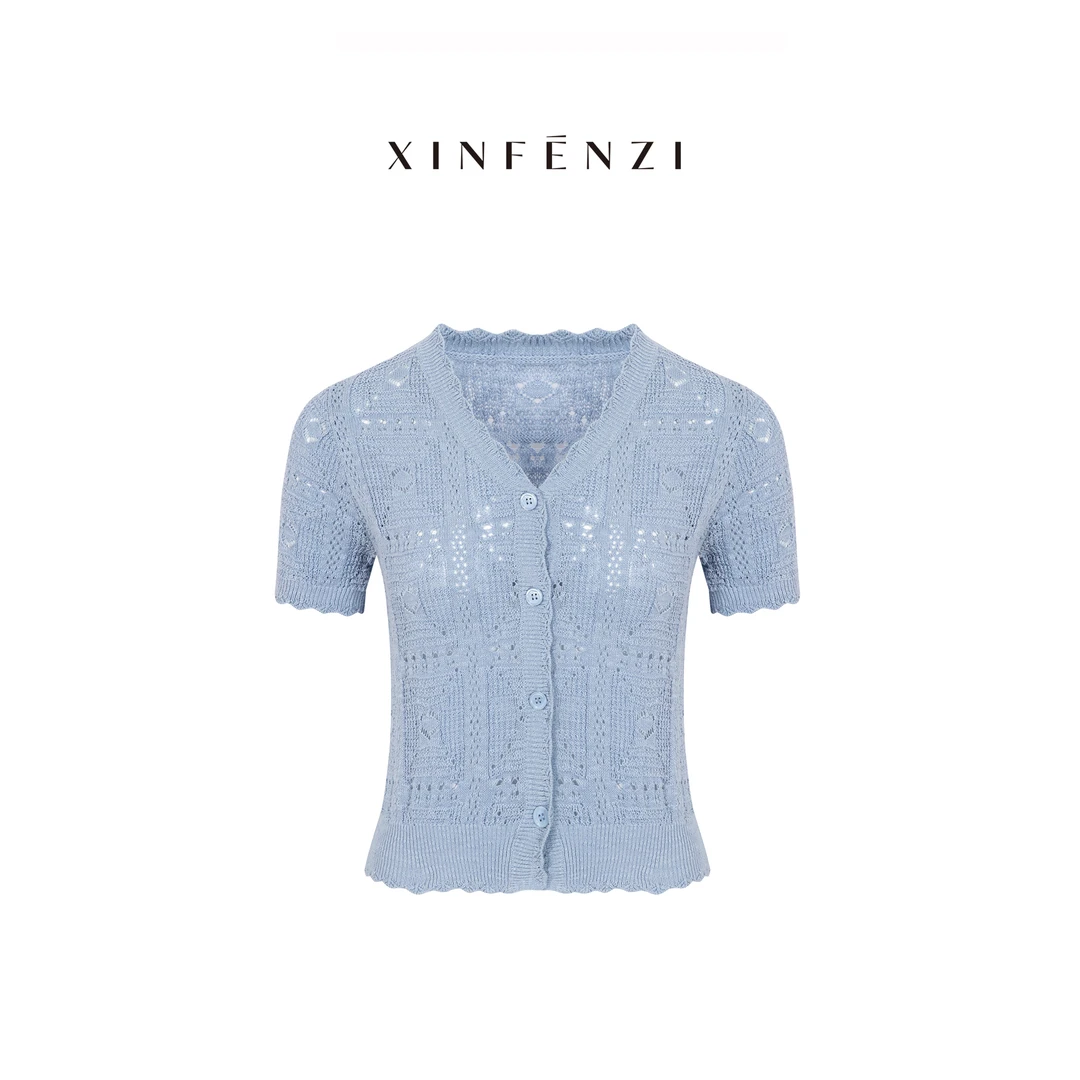 【揽月】XINFENZI 亚麻竹节棉勾花开衫上衣 51013