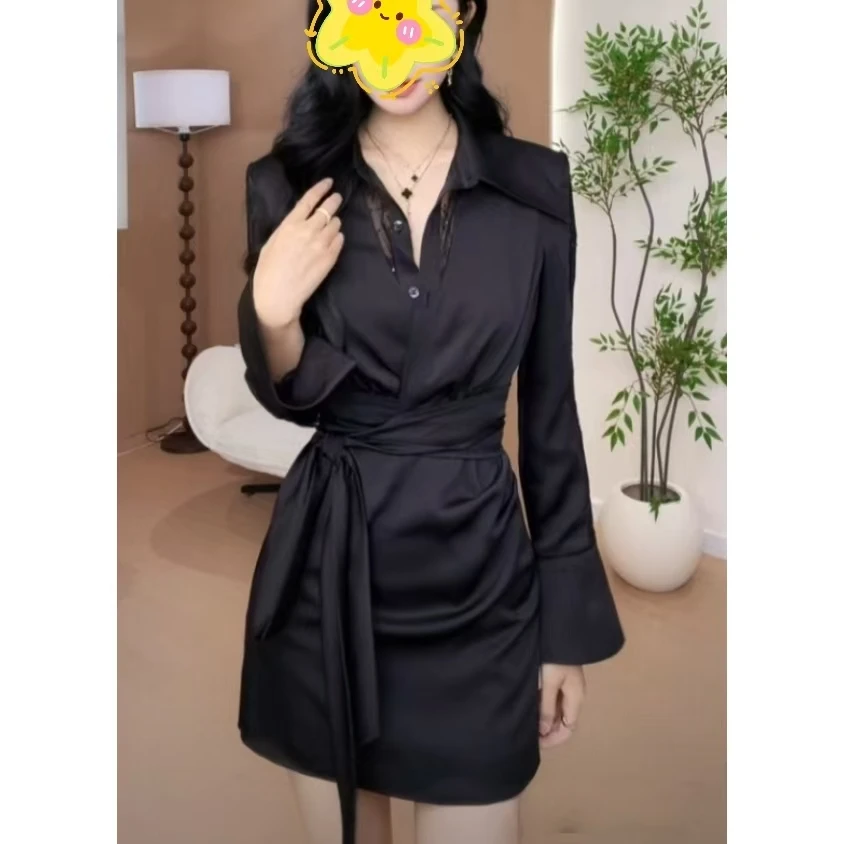 高级感秋季时尚气质赫本风黑色网红长袖别致绑带收腰衬衫连衣裙