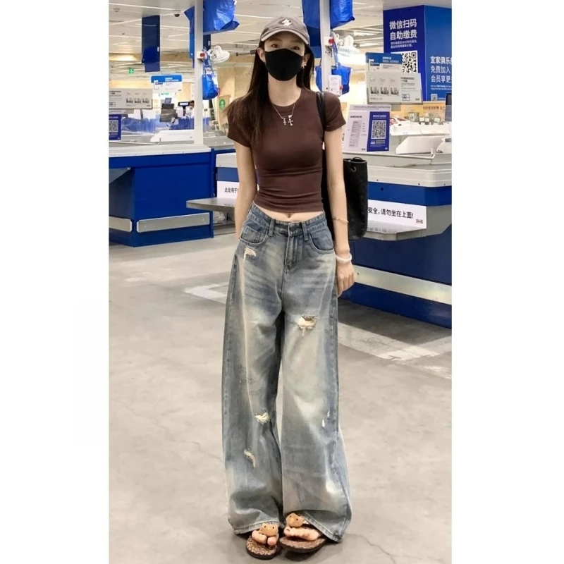 高个子加长版美式破洞阔腿牛仔裤女2025年夏季新款高腰直筒拖地裤
