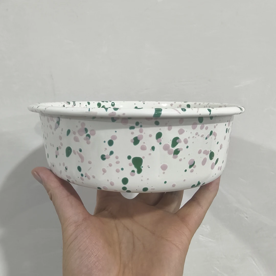 【颜值好物】绿粉内外泼墨20cm芝士盘烤盘家用搪瓷餐具盘子椭圆