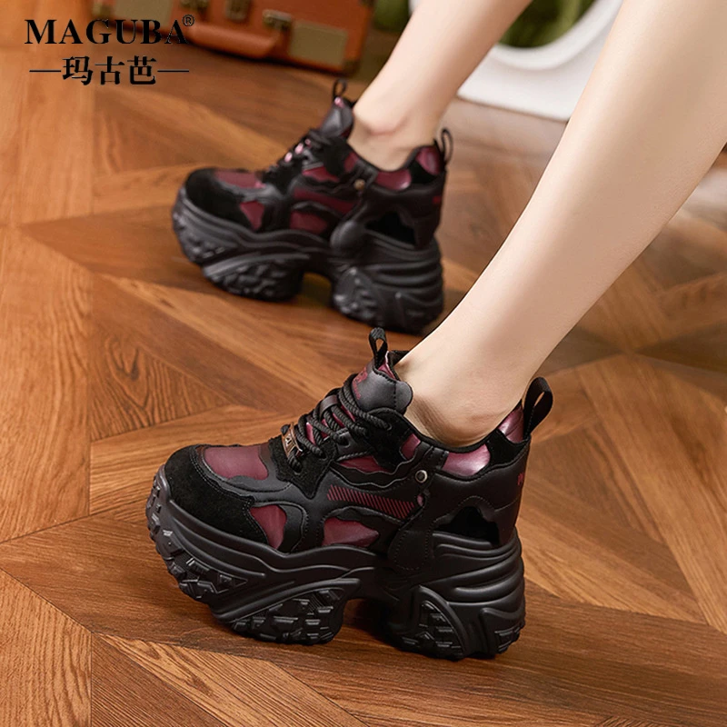 玛古芭春秋新款厚底老爹鞋女小个子内增高女鞋时尚百搭保暖松糕鞋