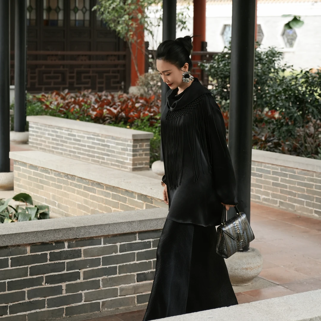 爱妃原创【缀玉】套头飘带长袖衬衫宽松长款时尚外套流苏外搭86701