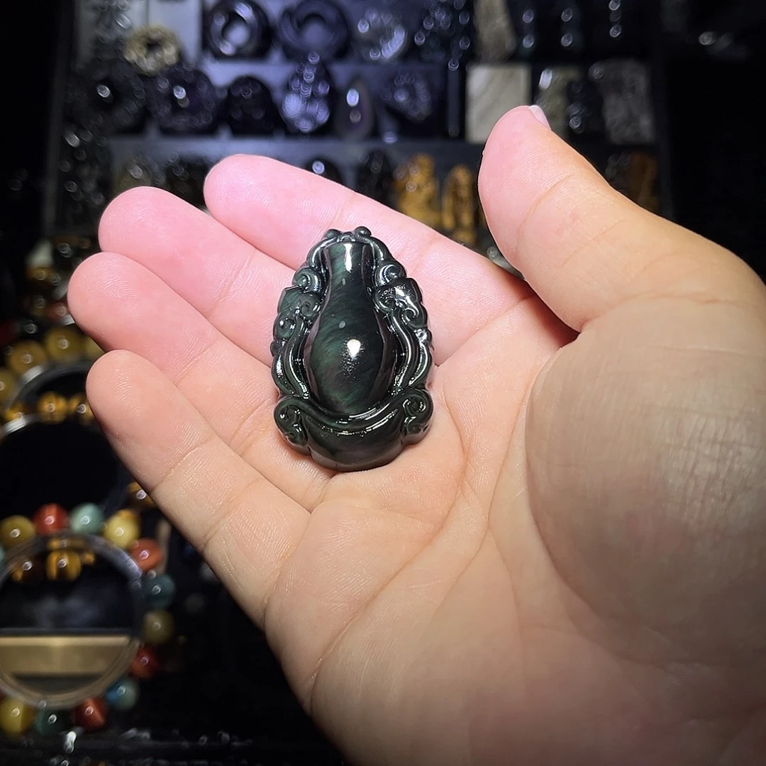 未镶嵌黑曜岩手链老**家天然彩虹眼黑曜石如意瓶吊坠
