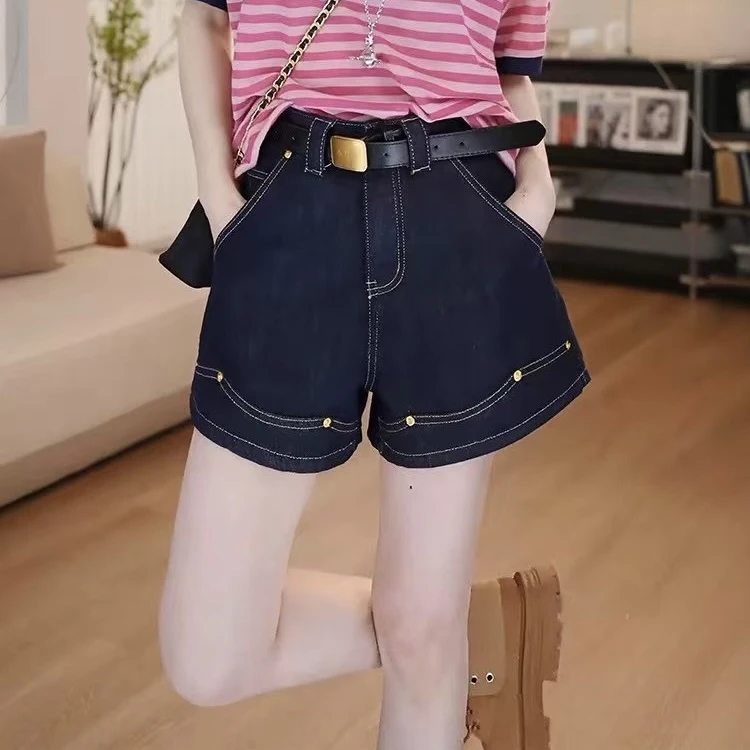 高腰弹力牛仔短裤女2025夏韩版高腰A字柳钉拼接牛仔百搭短裤