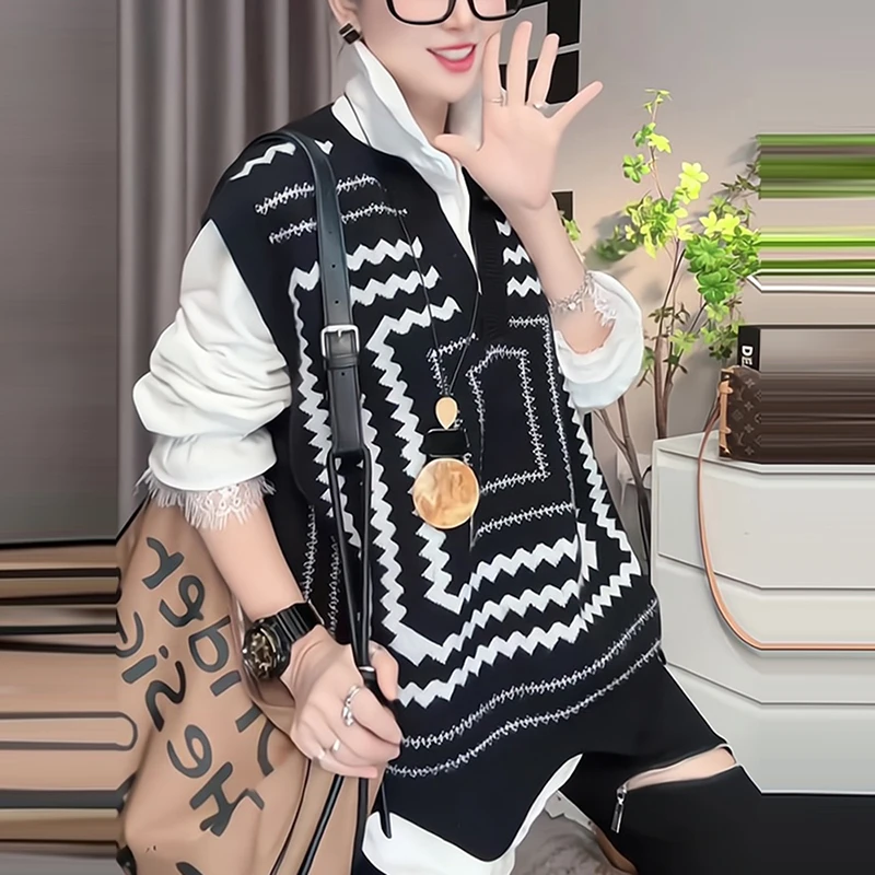 韩系简约通勤时尚女装春季新款复古洋气花纹针织马甲显瘦百搭上衣