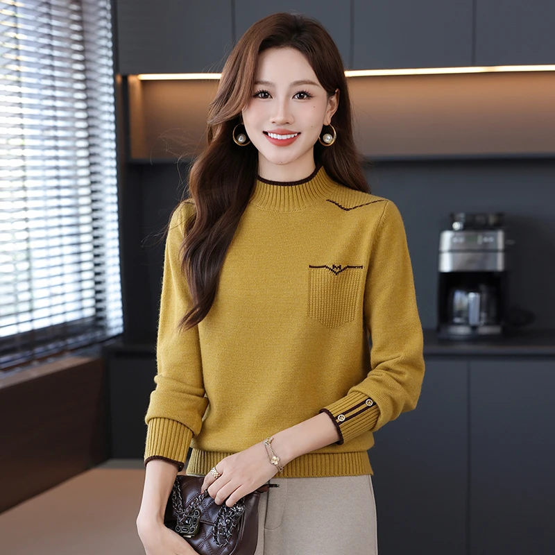 时尚洋气新款半高领打底衫女秋冬宽松百搭毛衣加厚保暖针织衫上衣