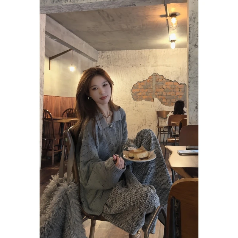 parkyeon慵懒风松弛感针织外套女宽松显瘦垂感直筒长裤两件套秋