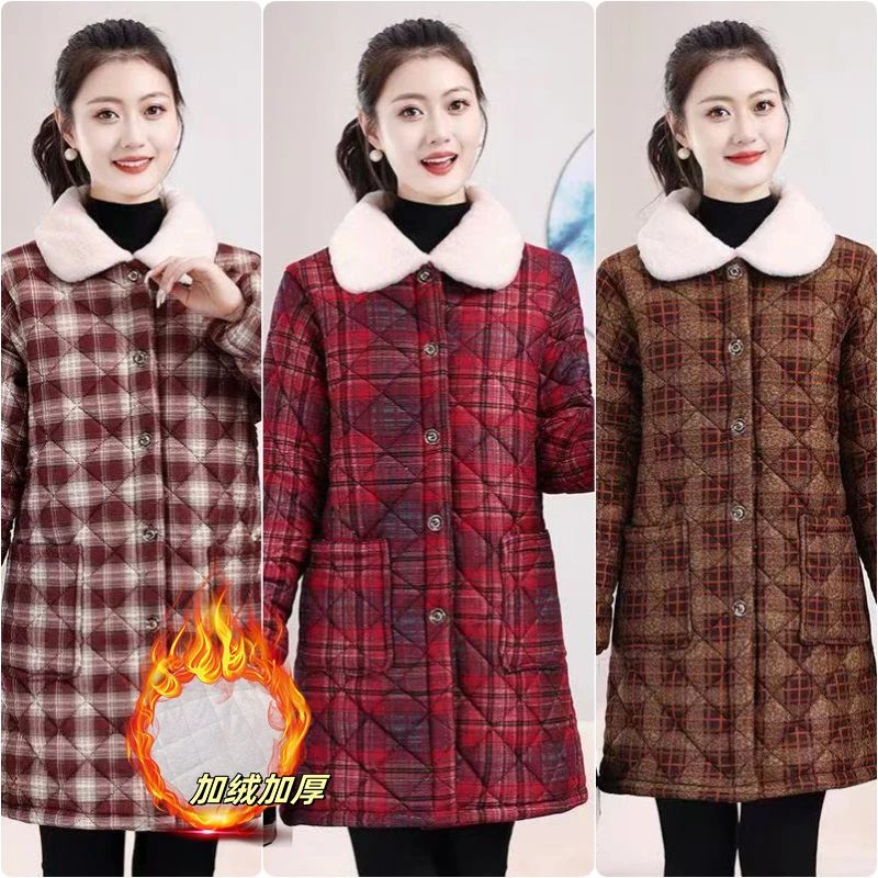 2024加绒加厚冬季新款女士中长款大毛领棉衣保暖减龄家居服