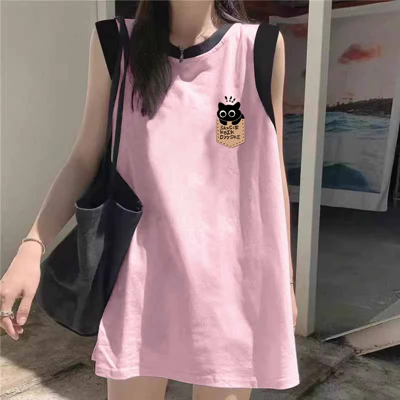 重磅纯棉2025夏季薄款无袖背心女洋气印花中长款百搭上衣圆领t恤