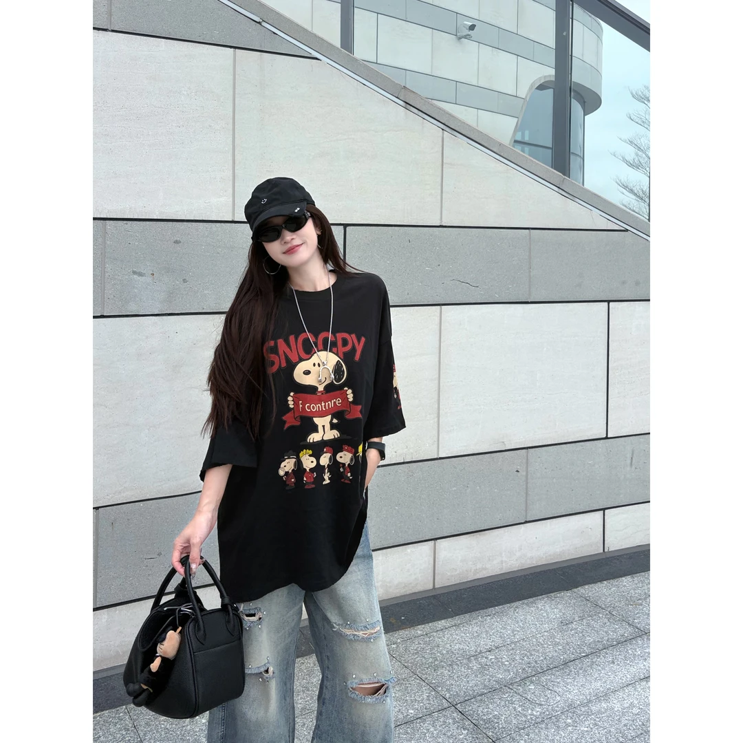 【YIXIU 史努比 】潮牌T恤女漂亮出片出行配套衣服短袖大版女T恤
