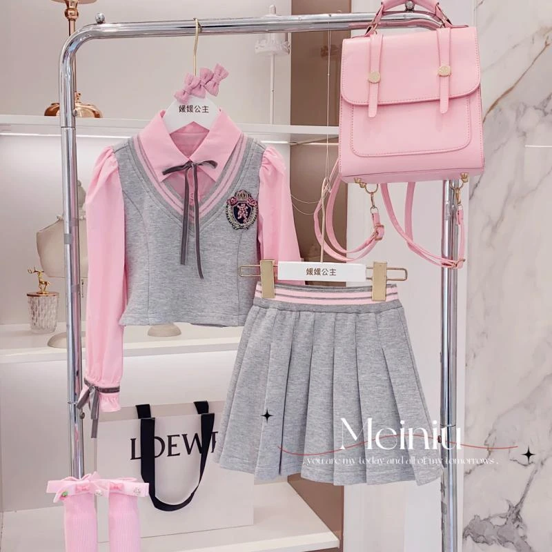 女童春秋学院风套装洋气小女孩假两件衬衫JK百褶裙韩版两件套制服