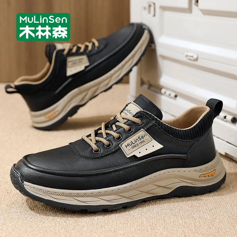 木林森男鞋2025新款秋季运动鞋男厚底耐磨防滑皮面男士时尚休闲鞋