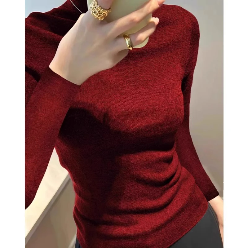 半高领新年酒红色打底衫女装春秋新款洋气软糯针织衫紧身内搭毛衣