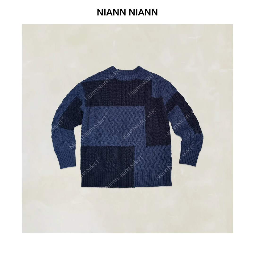 NiannNiann 新品复古时尚羊毛混纺厚实针织拼接色大毛衣16421