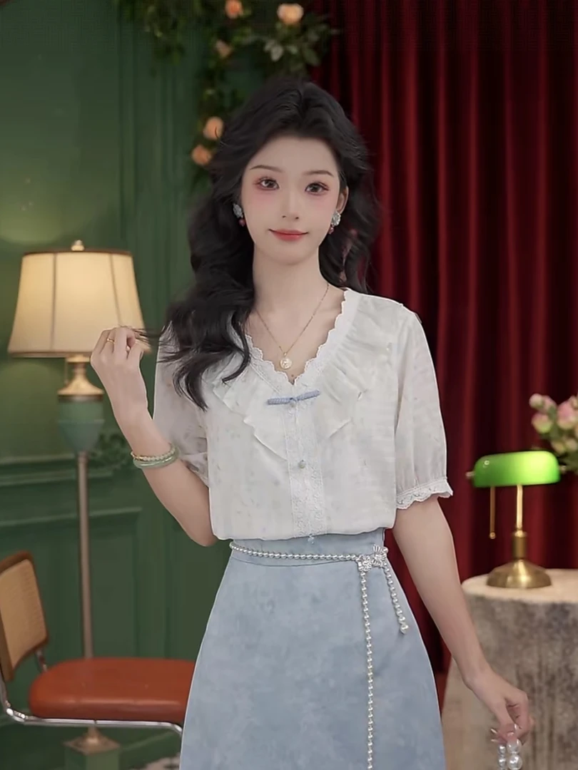 思思复古【初白】25新款夏季设计感清新气质五分袖透气衬衫#4720