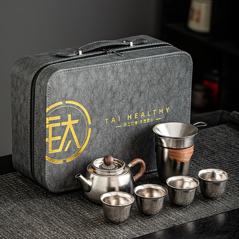 中式纯钛泡茶壶7件套旅行茶具套装户外车载出行便携式茶器礼盒装