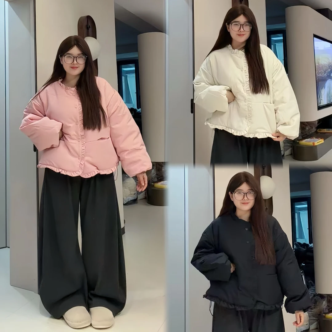 新款韩系甜美风木耳边小个子棉服设计感圆领通勤显瘦外套