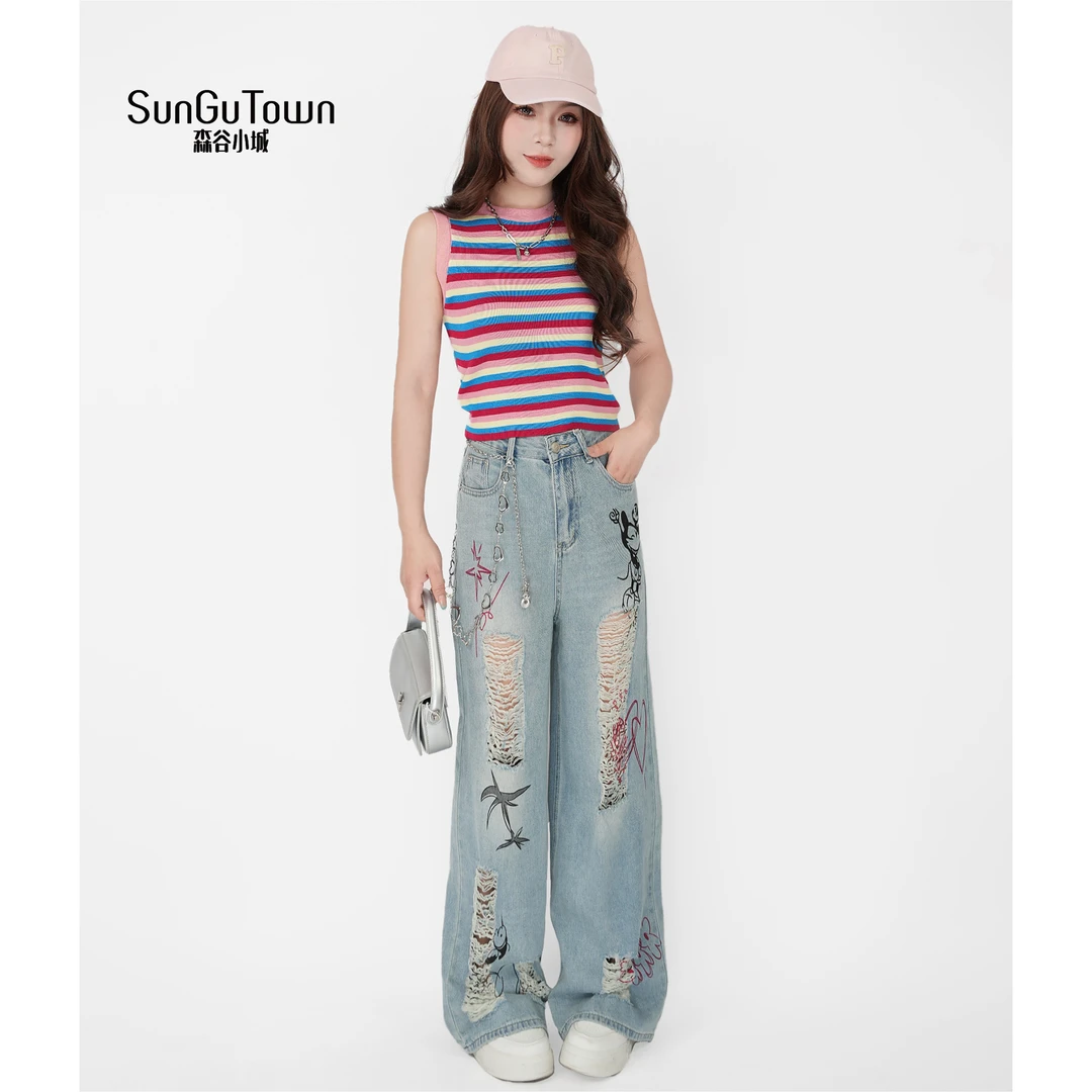 森谷小城高腰宽松印花牛仔裤5BNQ-M16619