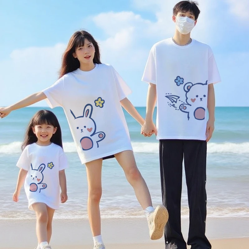 网红高端炸街亲子套装一家三四口海边旅游母女子短袖T恤拍照衣服