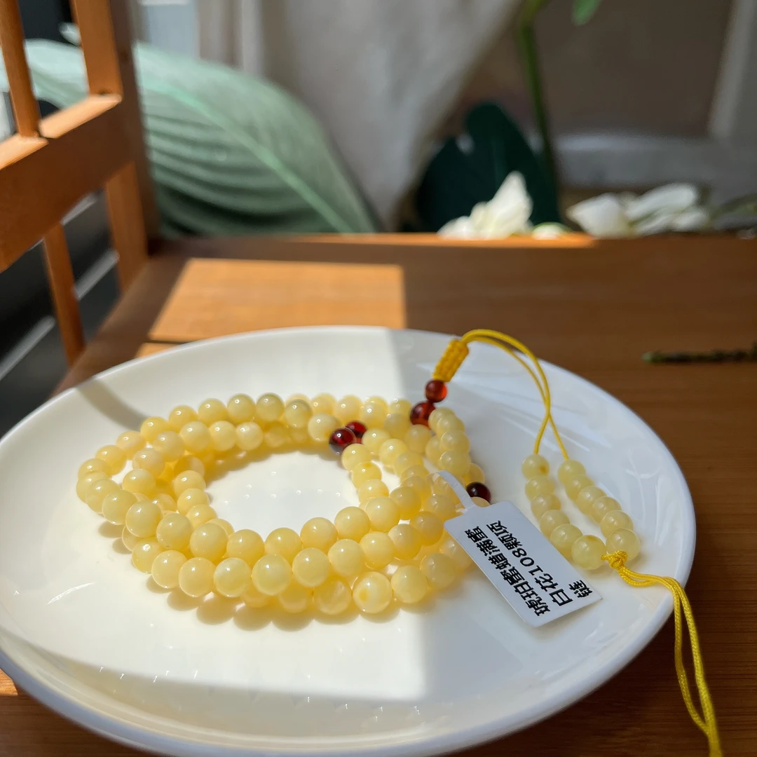 【郭老师】约6-6.5mm琥珀蜜蜡满蜜白花108颗项链