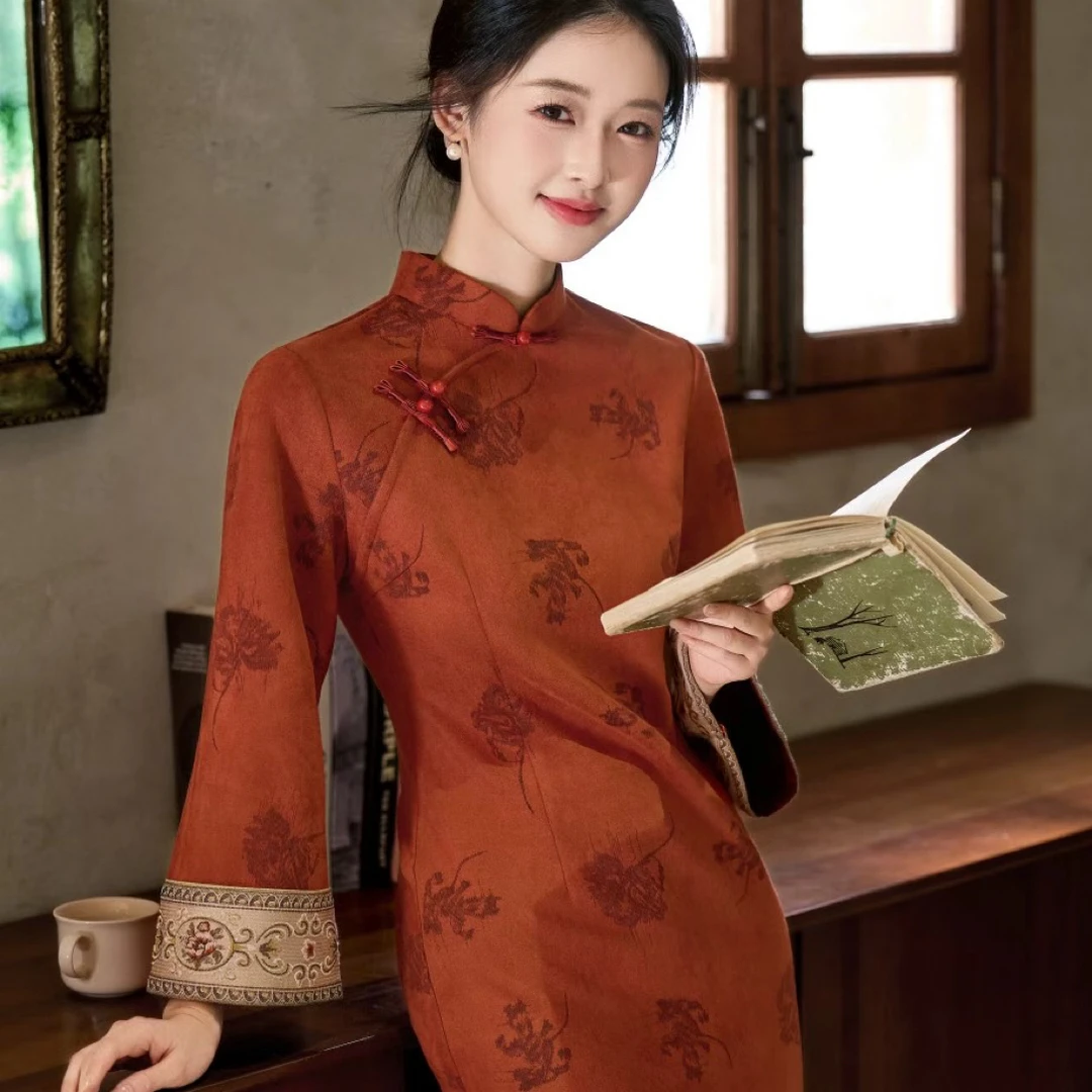 荷【喜讯】秋季日常长袖提花旗袍优雅时尚春秋季网红）新中式（长120