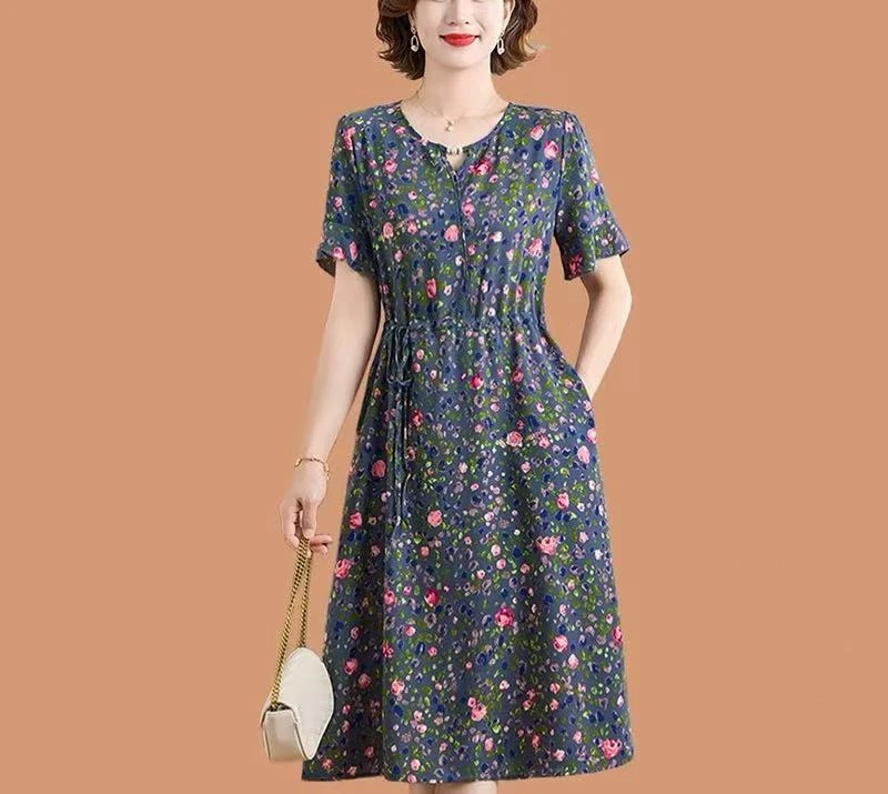 D83妈妈夏装短袖碎花连衣裙时尚洋气中老年女装夏季新款