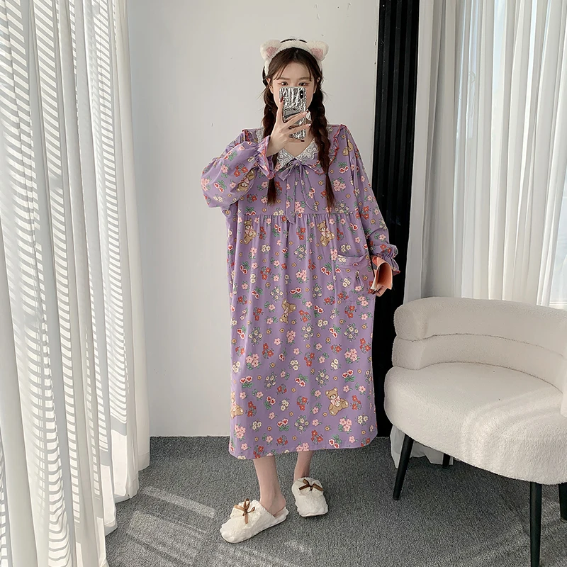 春秋公主风长袖睡裙胖MM200斤加肥加大码针织棉孕妇宽松家居睡衣