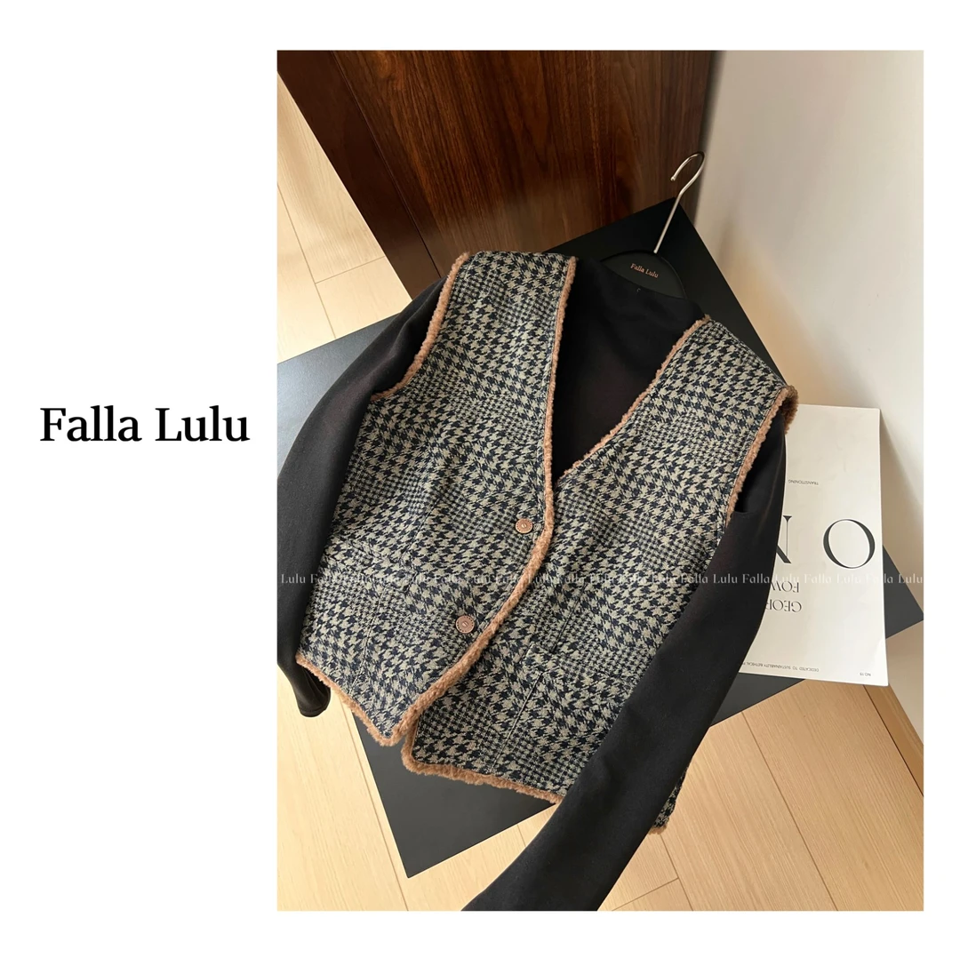 @英子家 内里加绒打底~休闲百搭千鸟格马甲背心外套  C1372